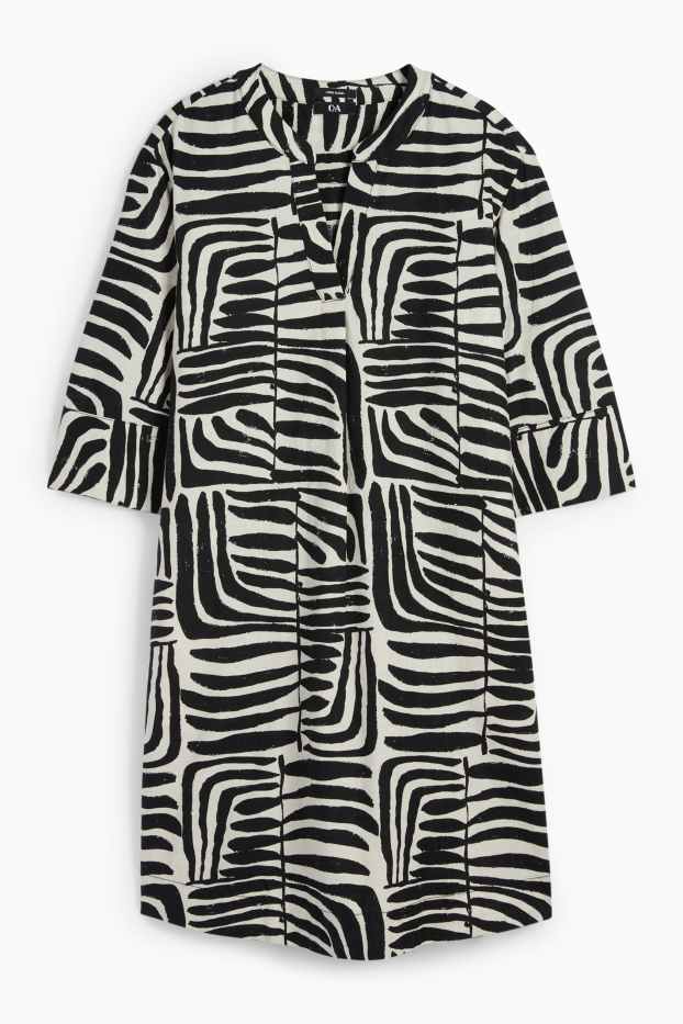 Donna - Caftano con scollo a V - misto lino - con motivi - nero / beige