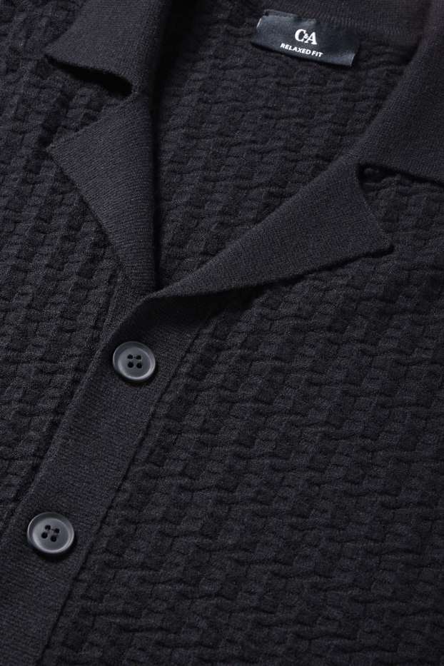 Heren - Gebreid overhemd - relaxed fit - reverskraag - met structuur - zwart