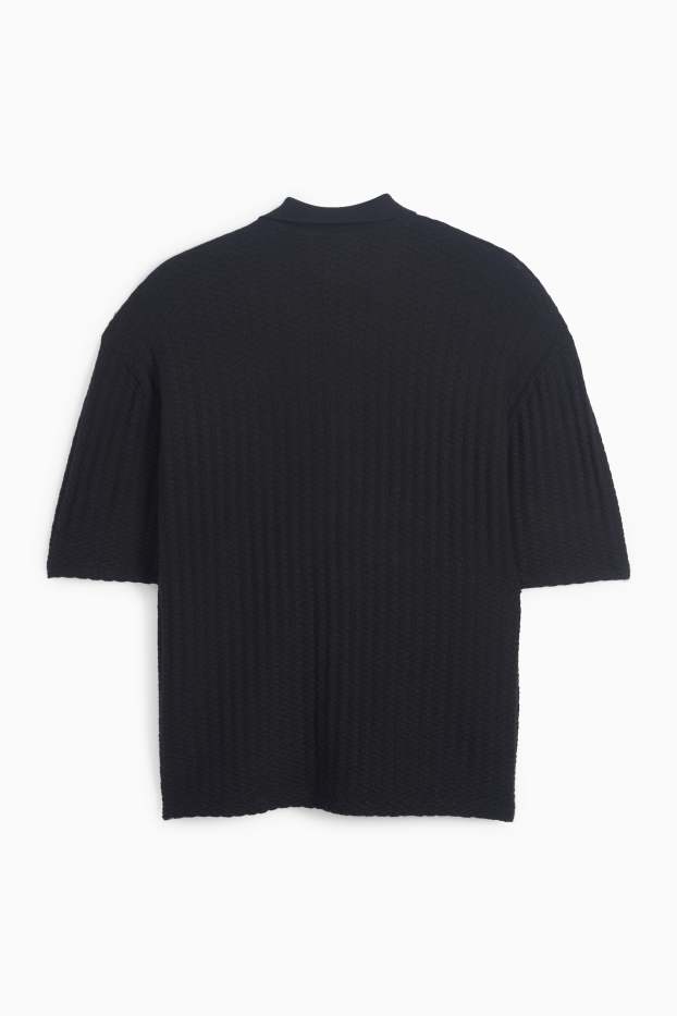 Heren - Gebreid overhemd - relaxed fit - reverskraag - met structuur - zwart