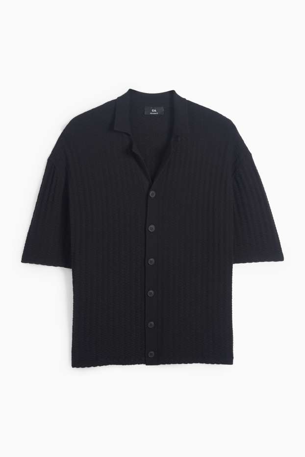 Heren - Gebreid overhemd - relaxed fit - reverskraag - met structuur - zwart