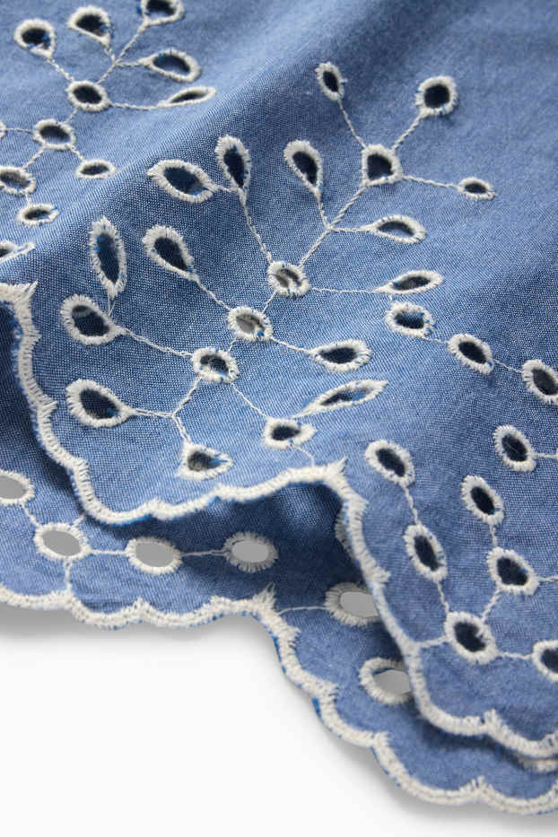 Femei - Bluză - broderie englezească - aspect de jeans - albastru