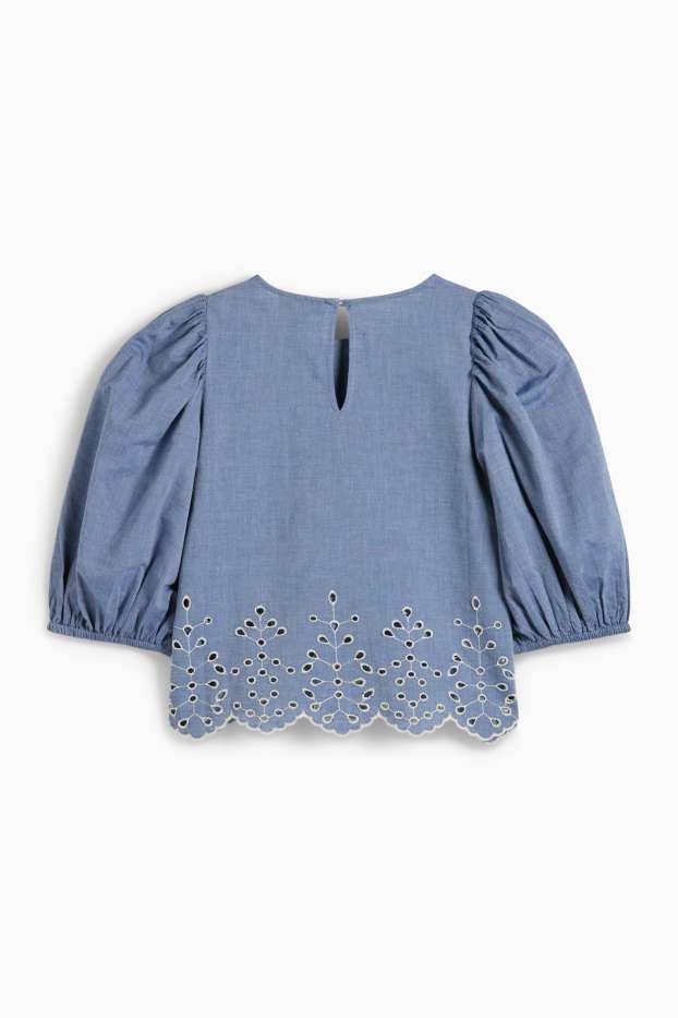 Femei - Bluză - broderie englezească - aspect de jeans - albastru