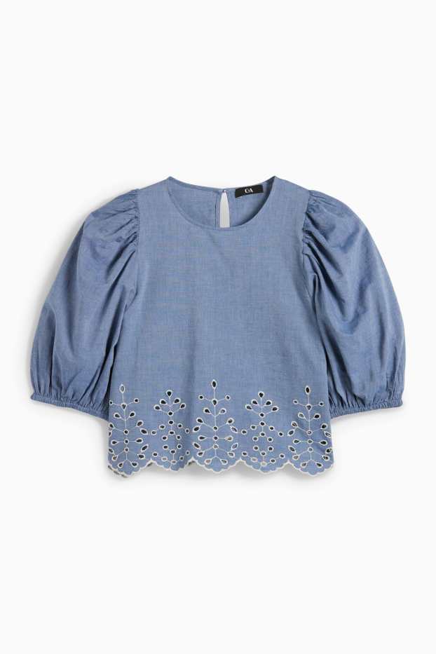 Femei - Bluză - broderie englezească - aspect de jeans - albastru