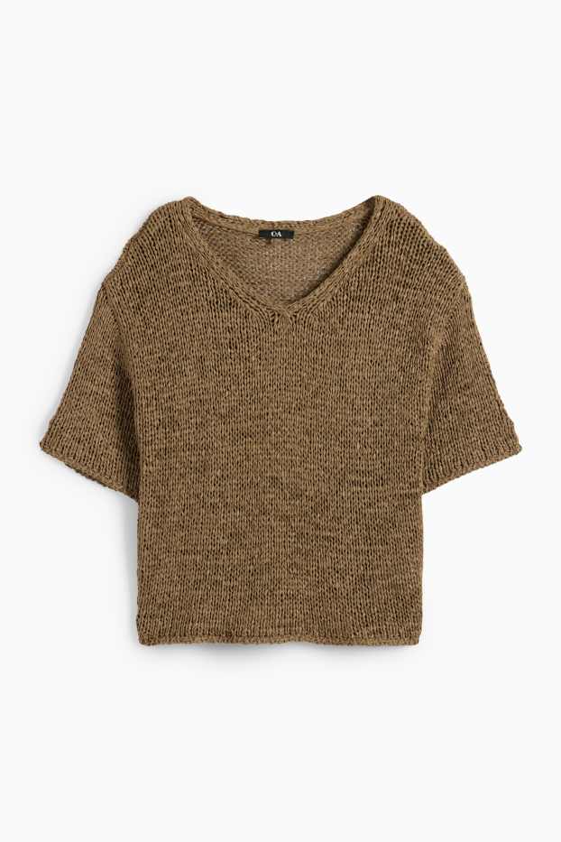 Femmes - Pull en maille avec encolure en V - manches courtes - vert