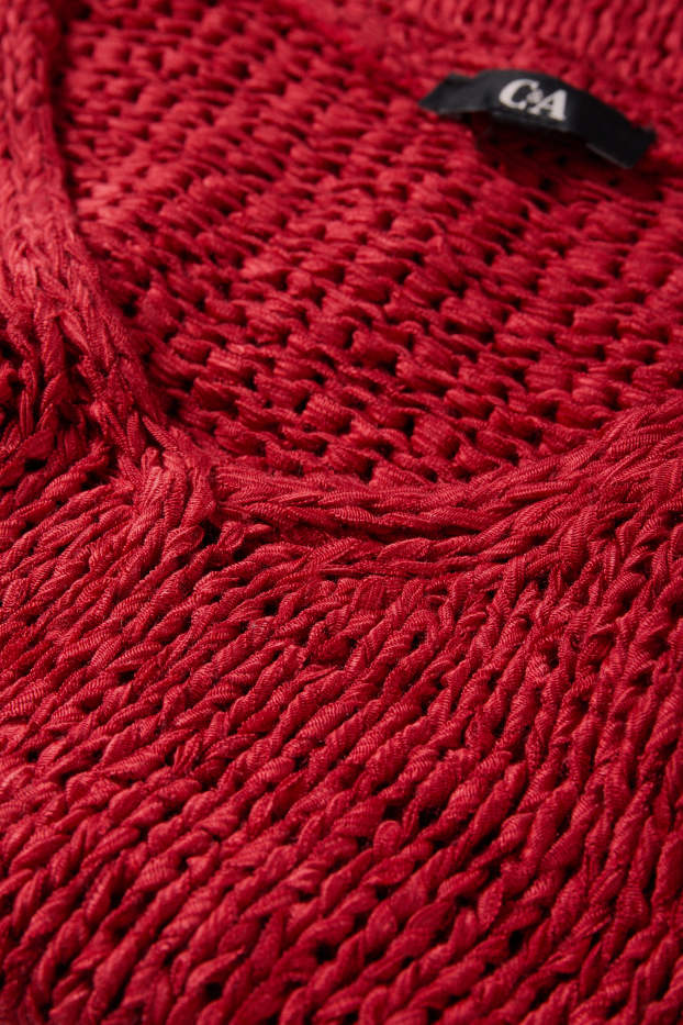 Femmes - Pull en maille avec encolure en V - manches courtes - rouge foncé