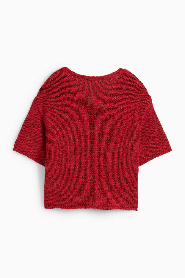 Femmes - Pull en maille avec encolure en V - manches courtes - rouge foncé