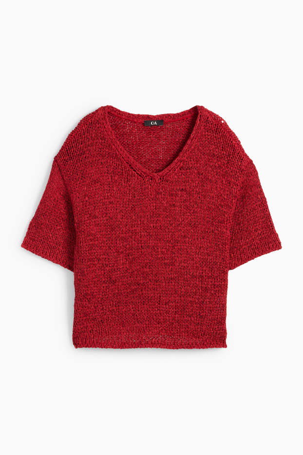 Femmes - Pull en maille avec encolure en V - manches courtes - rouge foncé