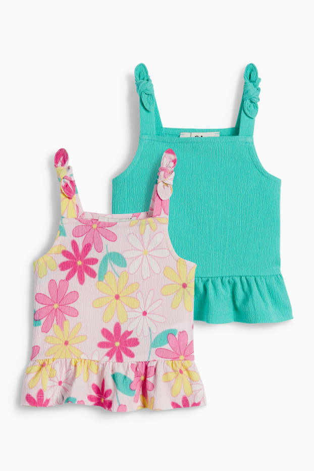 Enfants filles - Lot de 2 - fleurs - hauts - vert / rose