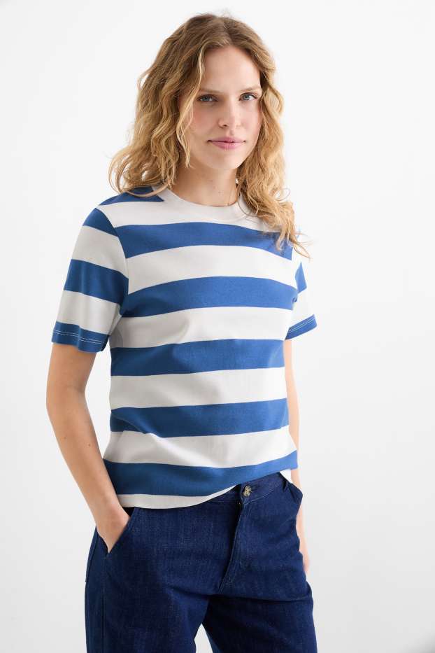 Femmes - T-shirt - slim fit - à rayures - bleu / blanc