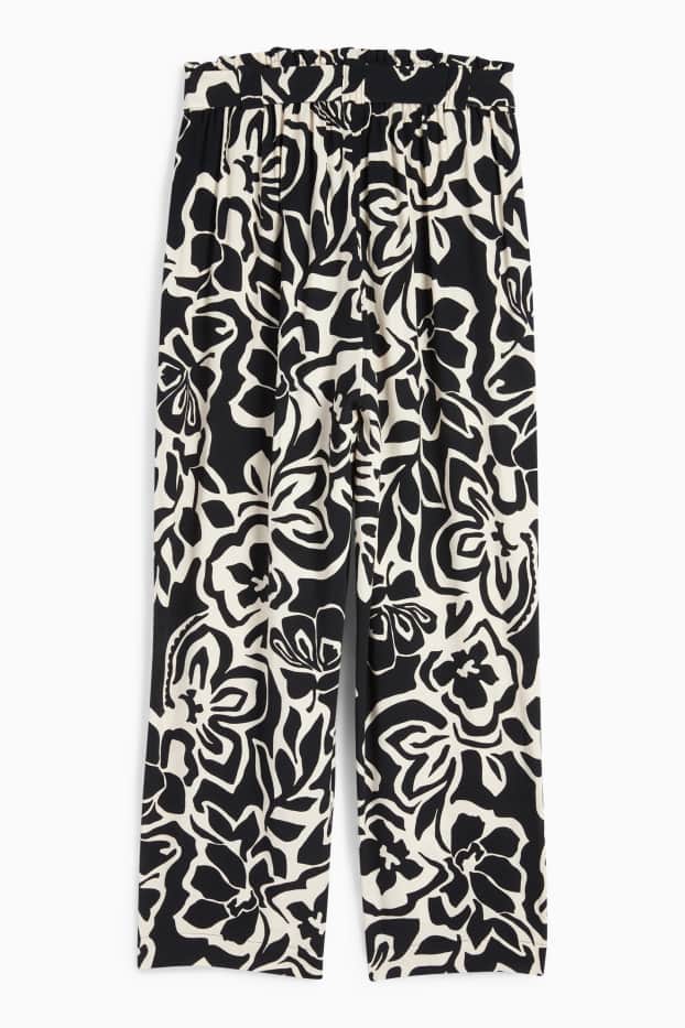 Damen - Stoffhose - Mid Waist - Wide Leg - geblümt - schwarz / beige
