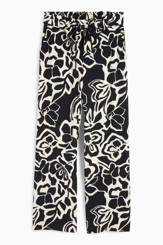 Damen - Stoffhose - Mid Waist - Wide Leg - geblümt - schwarz / beige