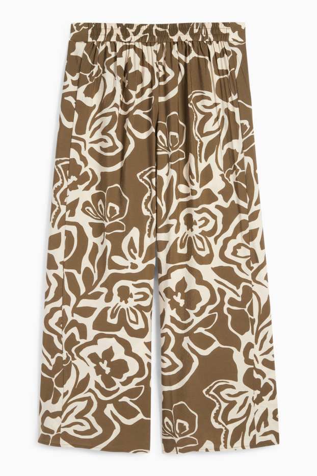 Donna - Pantaloni di stoffa - vita alta - gamba ampia - a fiori - beige / marrone