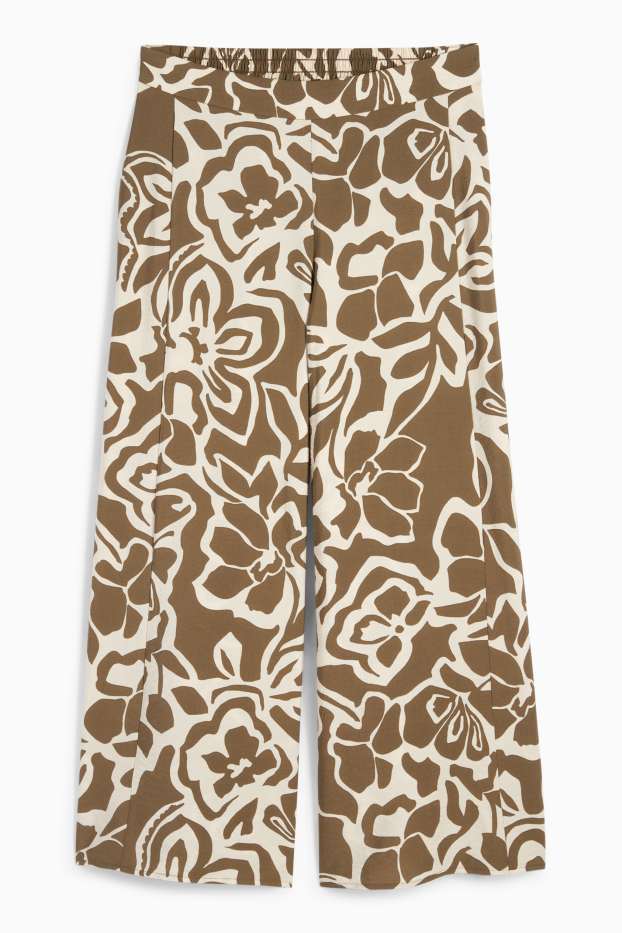 Donna - Pantaloni di stoffa - vita alta - gamba ampia - a fiori - beige / marrone