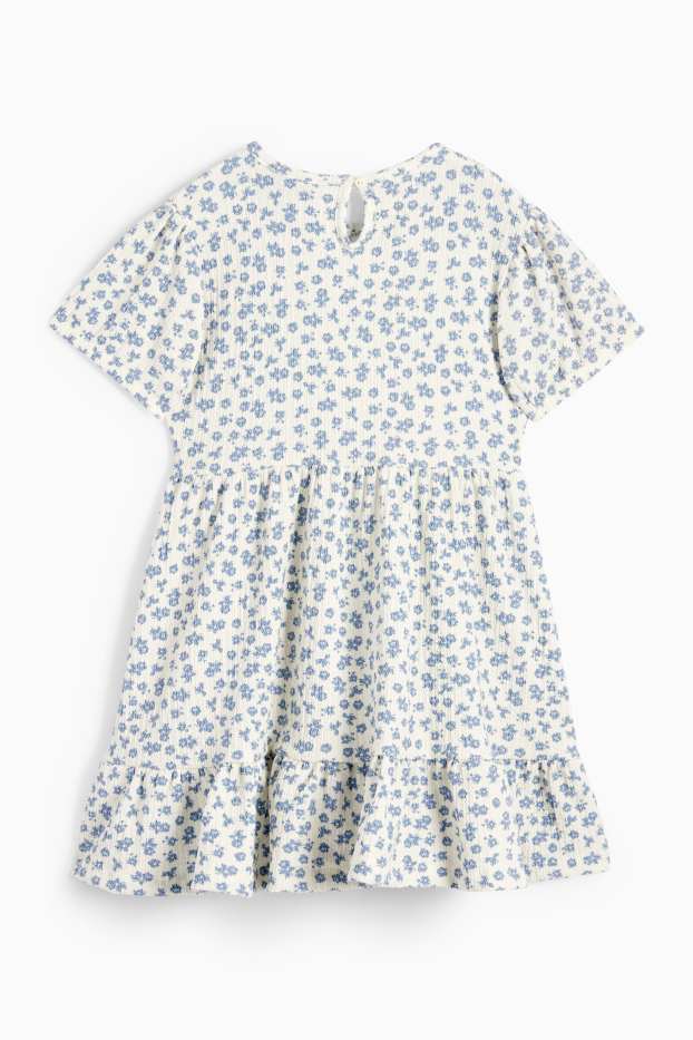 Enfants filles - Robe - à fleurs - texturée - bleu / blanc