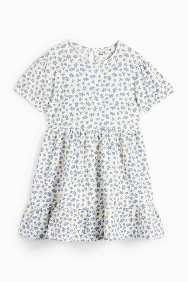 Enfants filles - Robe - à fleurs - texturée - bleu / blanc