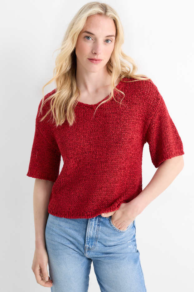 Femmes - Pull en maille avec encolure en V - manches courtes - rouge foncé