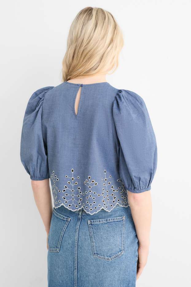 Femei - Bluză - broderie englezească - aspect de jeans - albastru