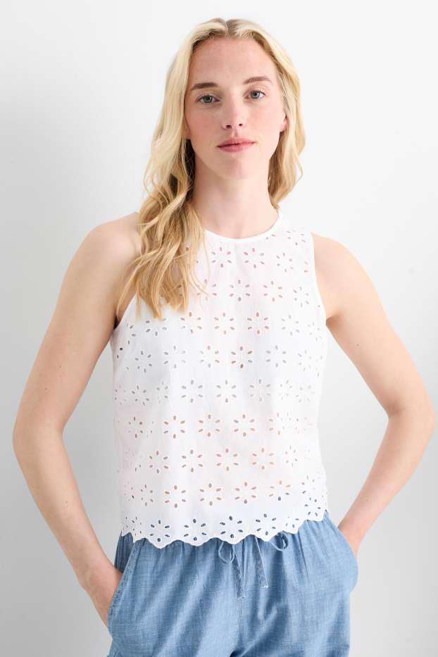 Dames - Blousetop - Broderie Anglaise - wit
