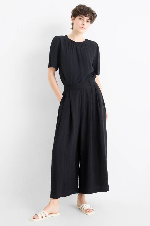 Femei - Pantaloni de stofă - talie înaltă - wide leg - negru