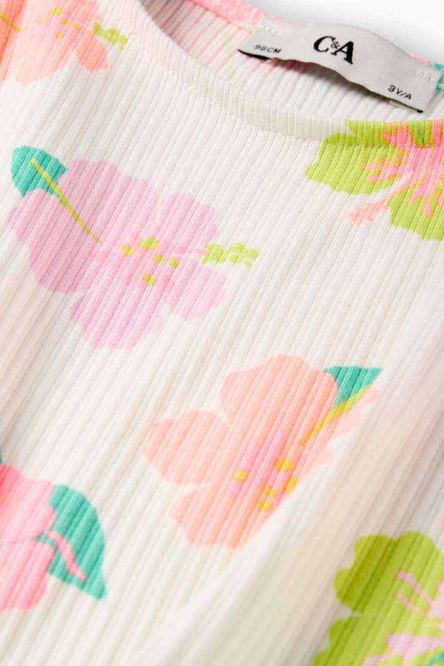 Kinderen: meisjes - Top met geknoop detail - geribd - gebloemd - crème wit