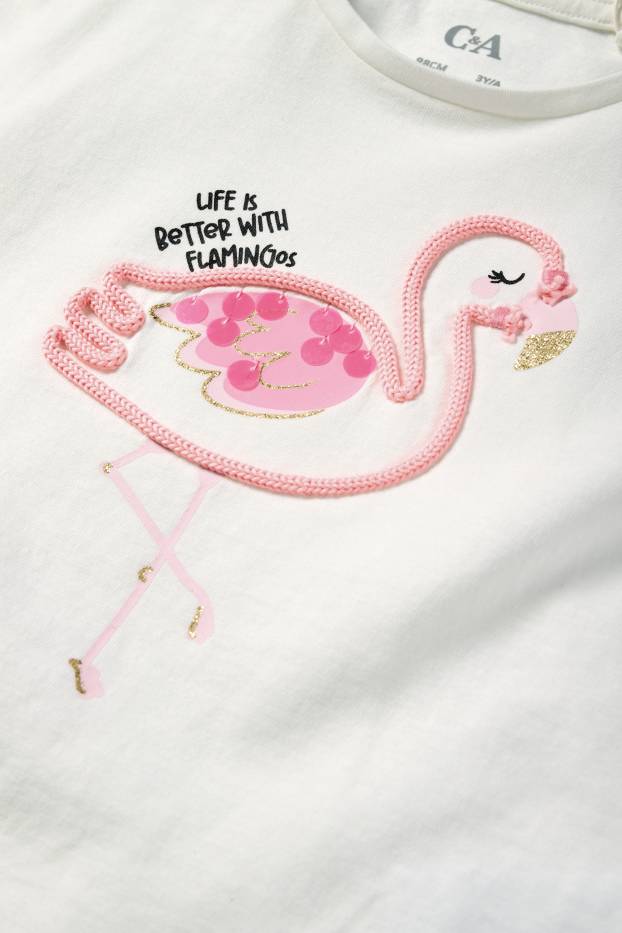 Kinder Mädchen - Flamingo - Fransen-Kurzarmshirt - weiss