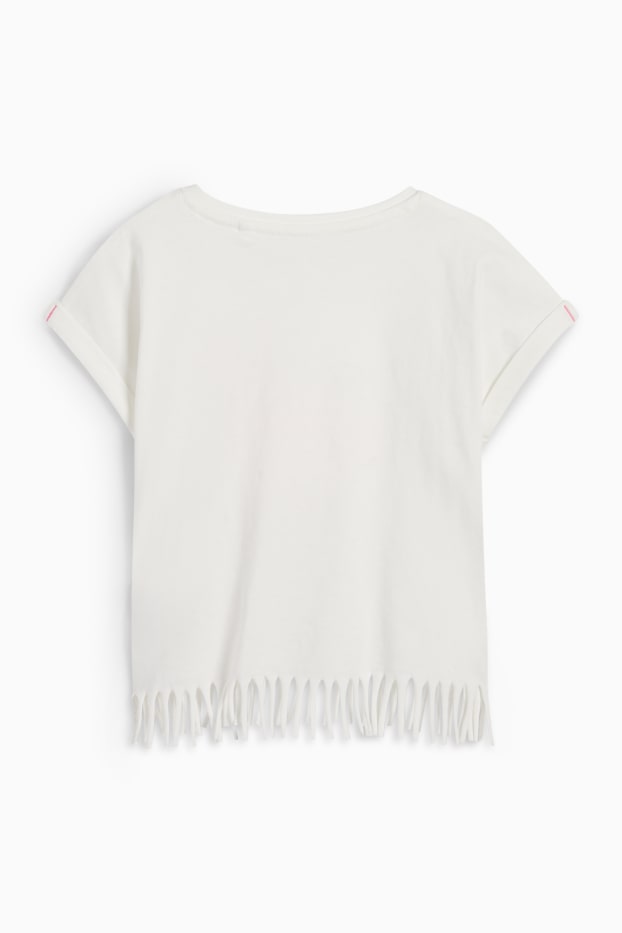 Kinder Mädchen - Flamingo - Fransen-Kurzarmshirt - weiss