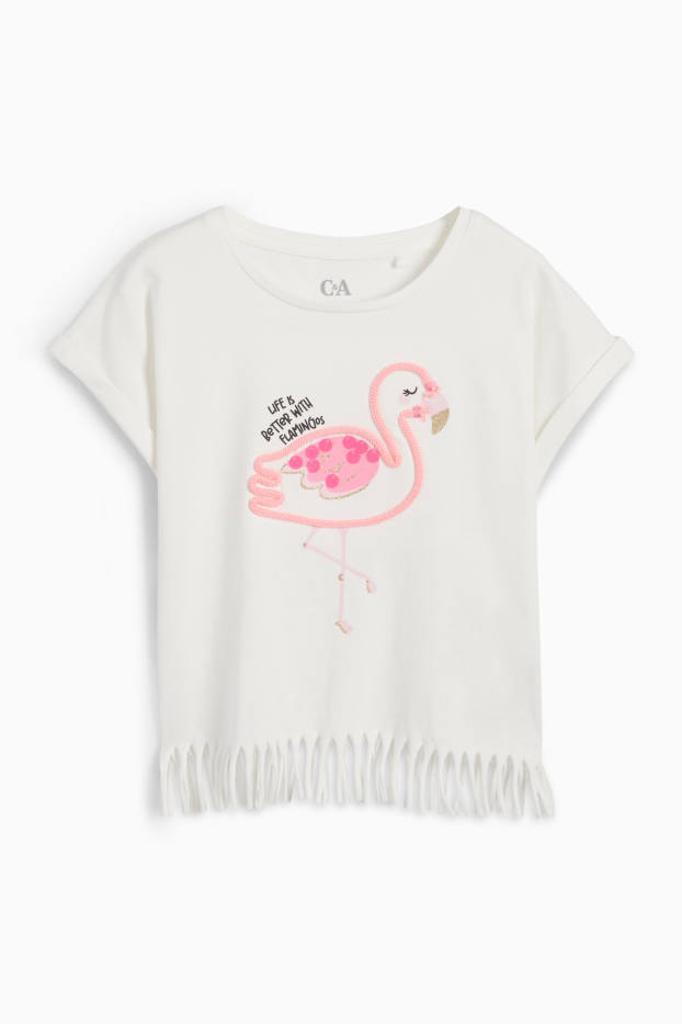 Kinder Mädchen - Flamingo - Fransen-Kurzarmshirt - weiss