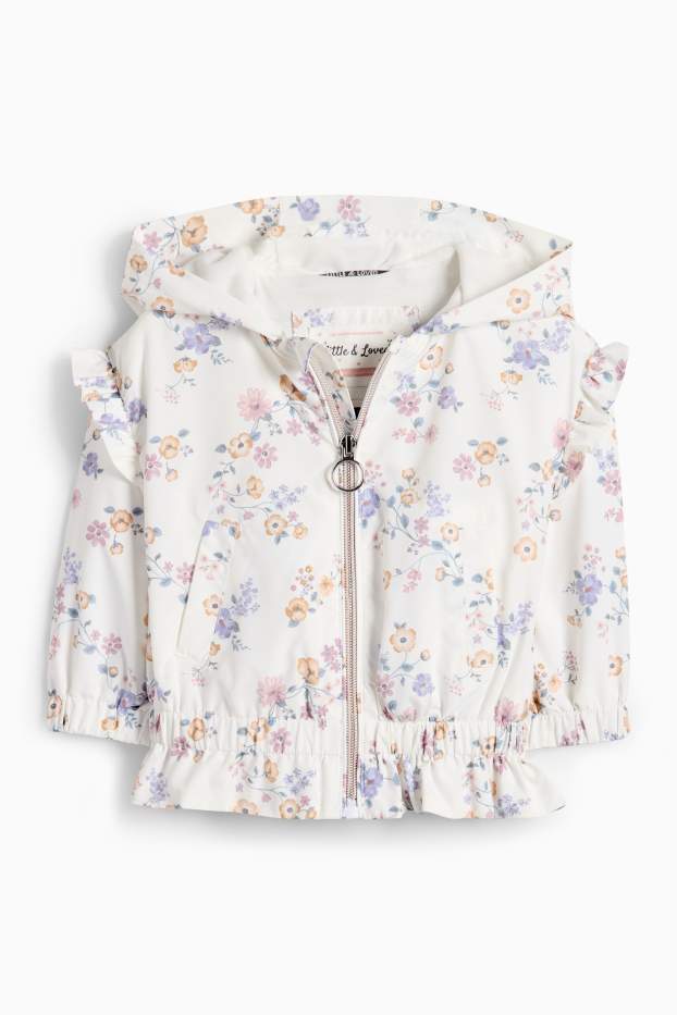 Baby Mädchen - Blümchen - Baby-Jacke mit Kapuze - wasserabweisend - weiss