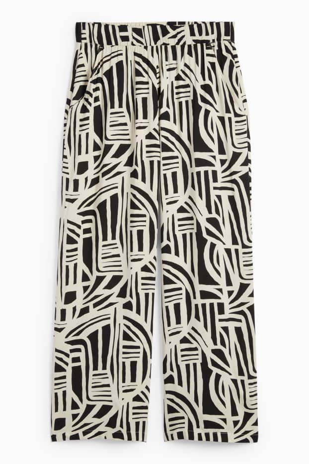 Dames - Pantalon - high waist - wide leg - met patroon - wit / zwart
