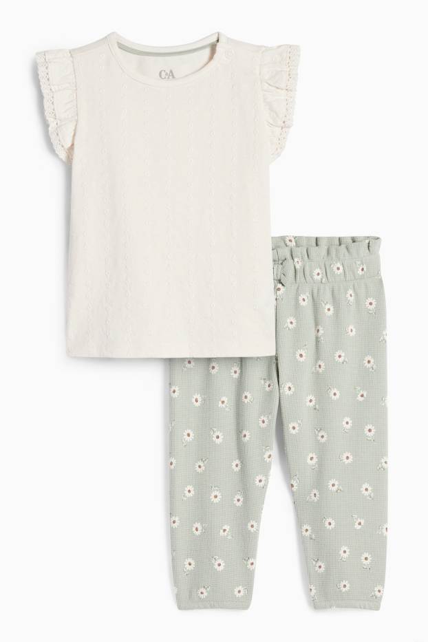 Baby: meisjes - Bloemetje - baby-outfit - 2-delig - crème wit