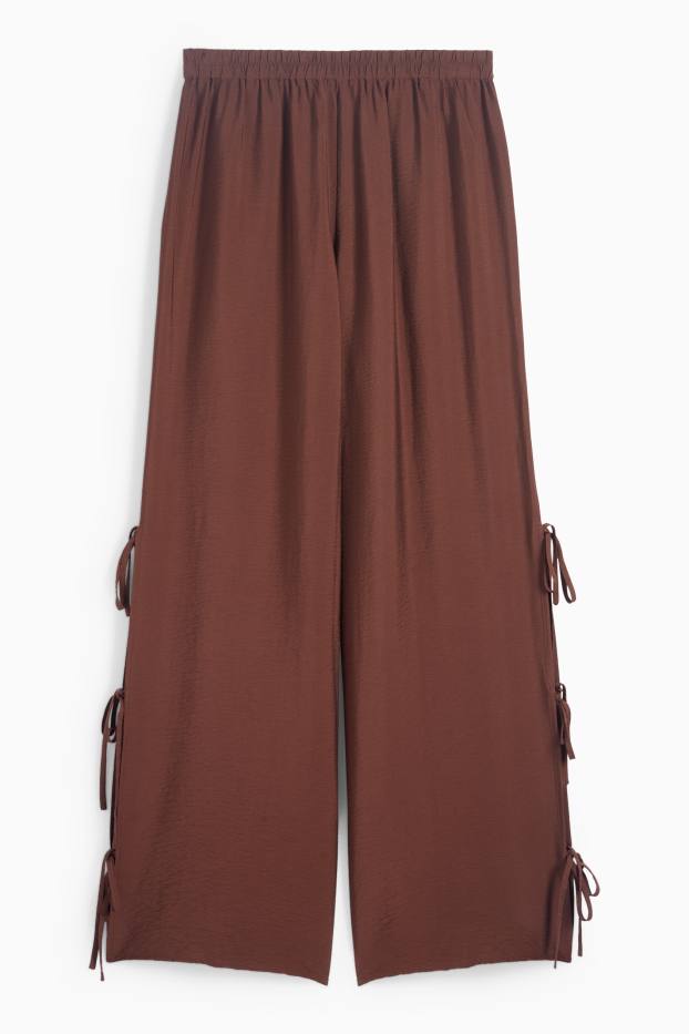Dámské - Plátěné kalhoty - mid waist - wide leg - tmavohnědá