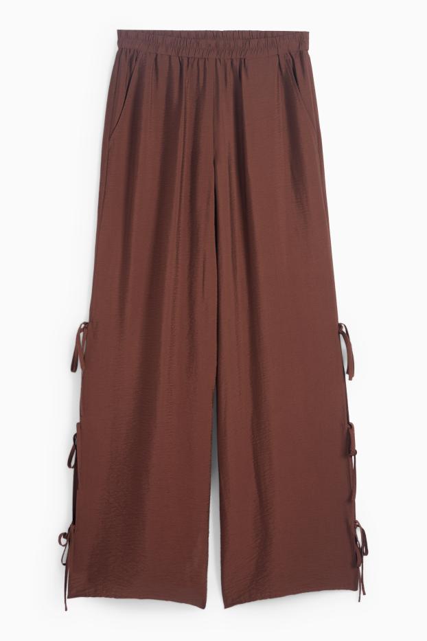 Dámské - Plátěné kalhoty - mid waist - wide leg - tmavohnědá
