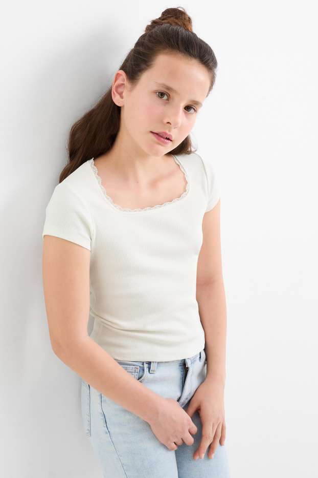 Children Girls - Short sleeve T-shirt - ribbed - cremewhite