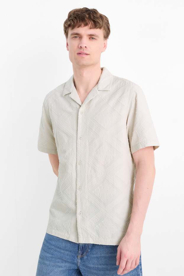 Men - Shirt - loose fit - lapel collar - textured - light beige