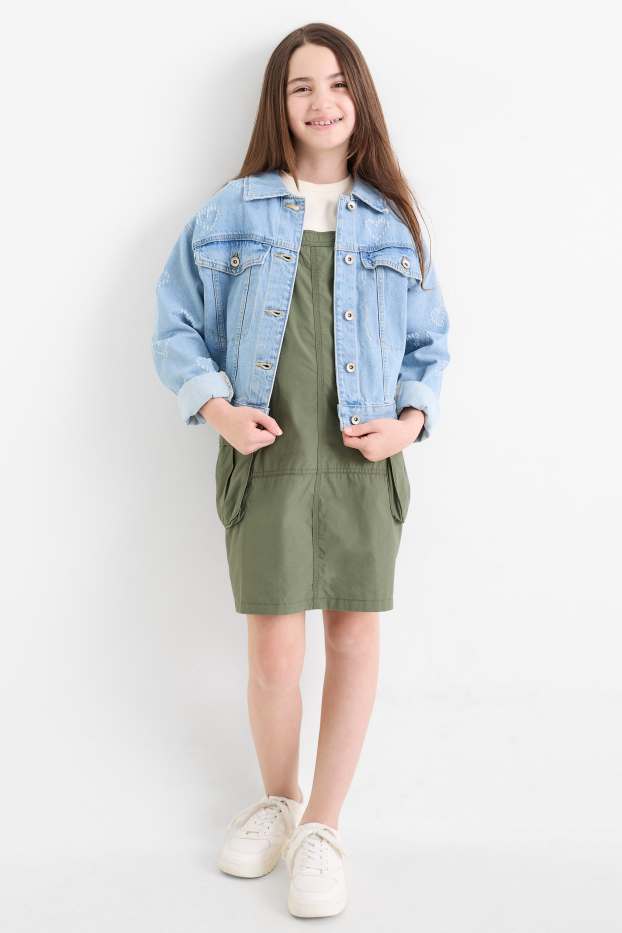 Enfants filles - Ensemble - T-shirt et robe-salopette style cargo - 2 pièces - kaki