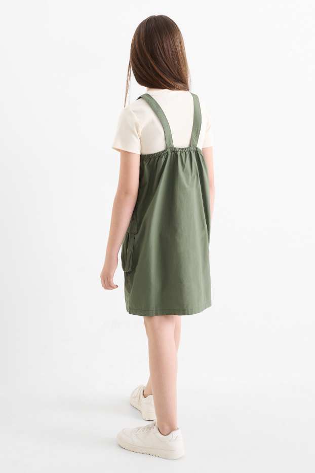 Enfants filles - Ensemble - T-shirt et robe-salopette style cargo - 2 pièces - kaki