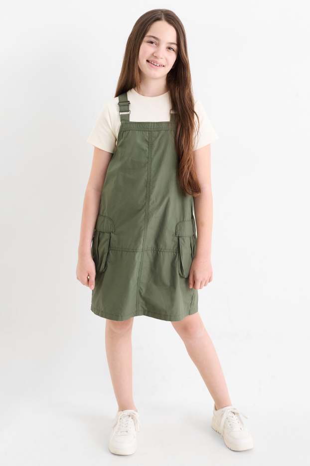 Enfants filles - Ensemble - T-shirt et robe-salopette style cargo - 2 pièces - kaki