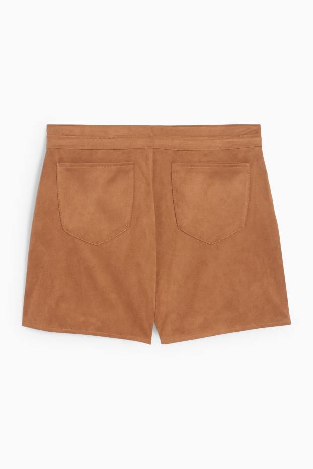 Damen - Shorts - Mid Waist - Velourslederimitat - braun