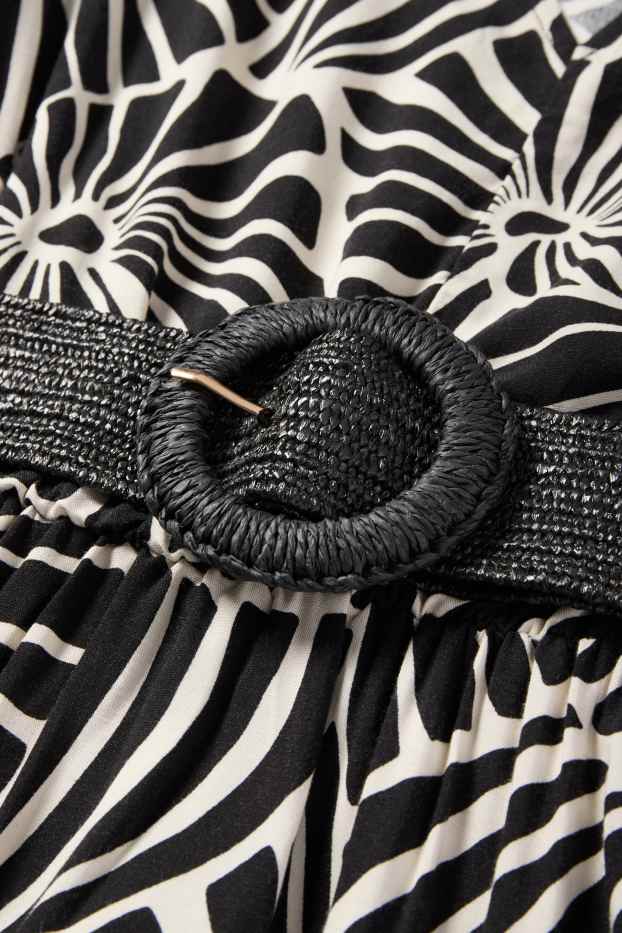 Femmes - Robe en viscose à col V et dotée d'une ceinture - à motif - noir / beige