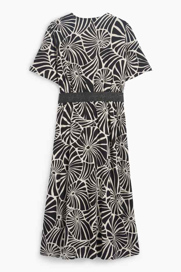 Femmes - Robe en viscose à col V et dotée d'une ceinture - à motif - noir / beige