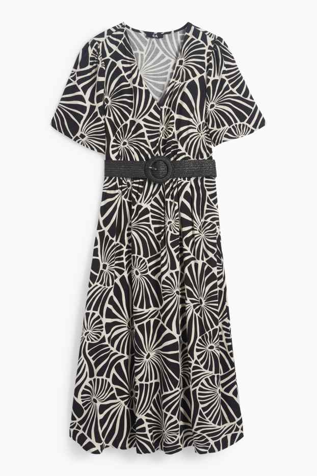Femmes - Robe en viscose à col V et dotée d'une ceinture - à motif - noir / beige