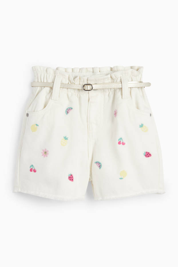 Bambine - Motivo frutta - shorts di jeans con cintura - bianco crema
