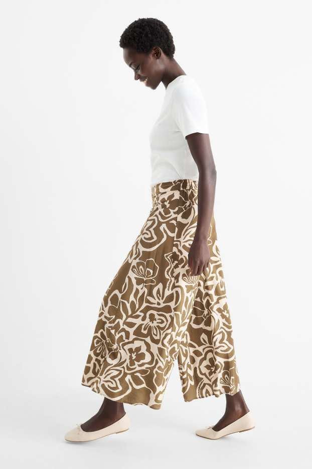 Donna - Pantaloni di stoffa - vita alta - gamba ampia - a fiori - beige / marrone