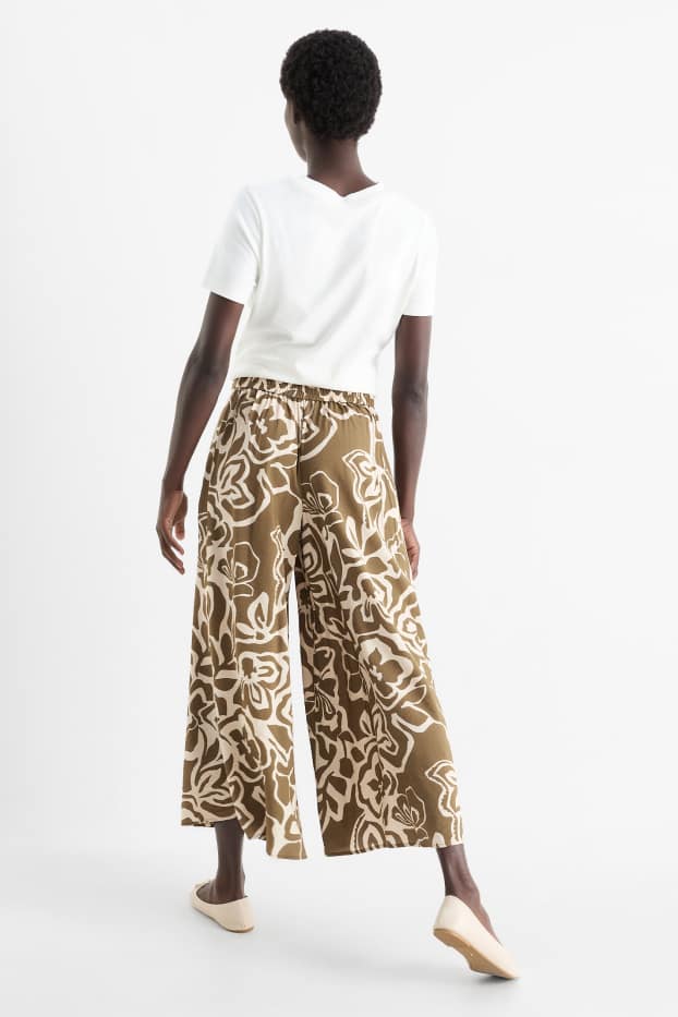 Donna - Pantaloni di stoffa - vita alta - gamba ampia - a fiori - beige / marrone