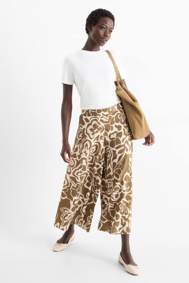 Donna - Pantaloni di stoffa - vita alta - gamba ampia - a fiori - beige / marrone