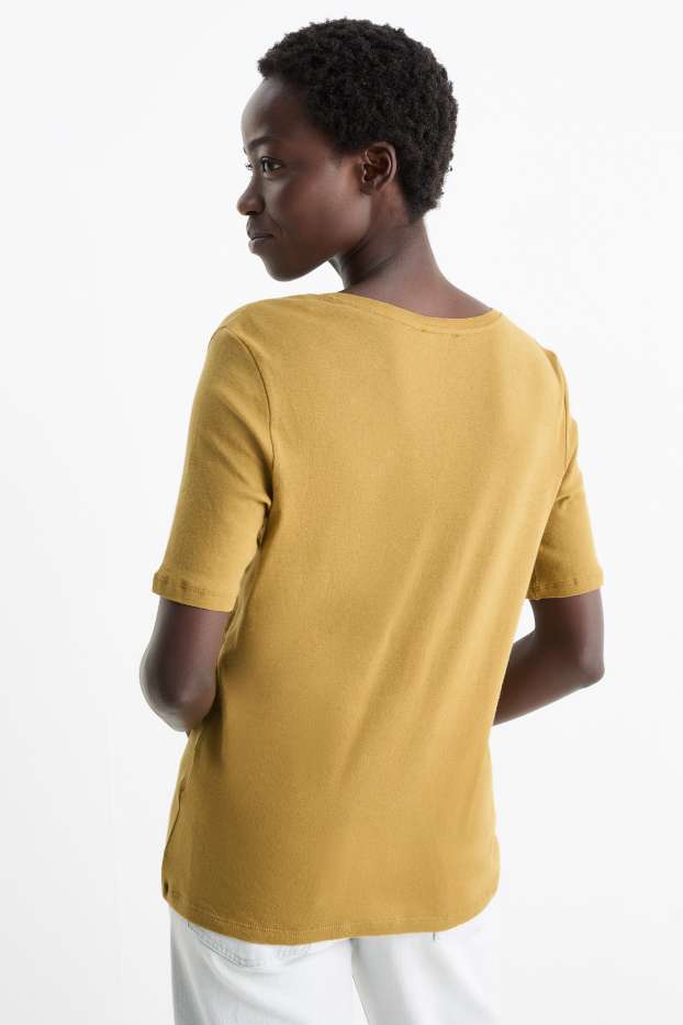 Dames - T-shirt met V-hals - regular fit - mosterdgeel
