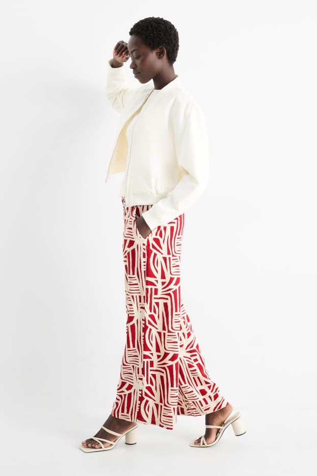 Femmes - Pantalon en toile - high waist - wide leg - à motif - rouge / beige