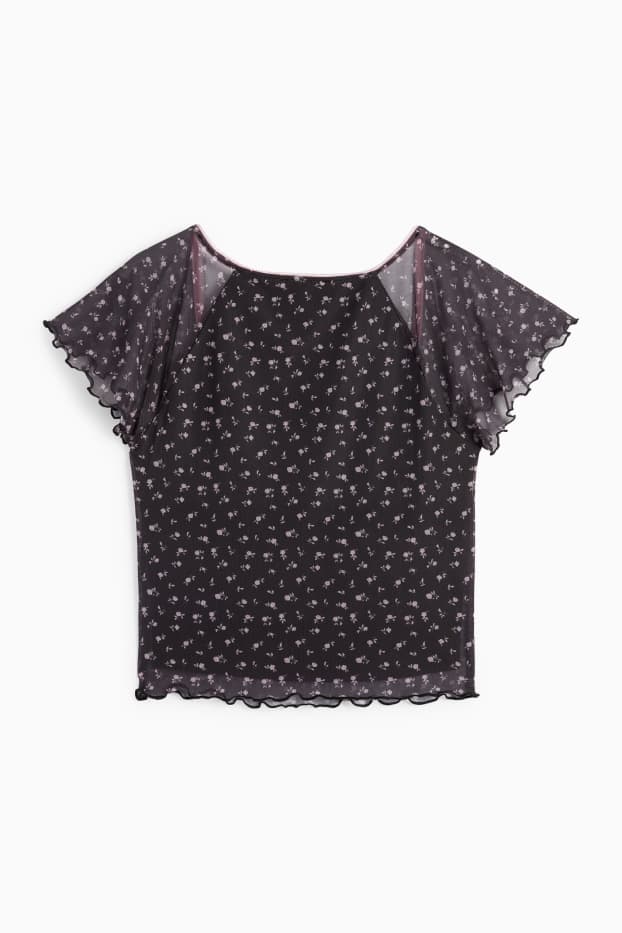 Femei - Tricou crop - cu flori - albastru închis