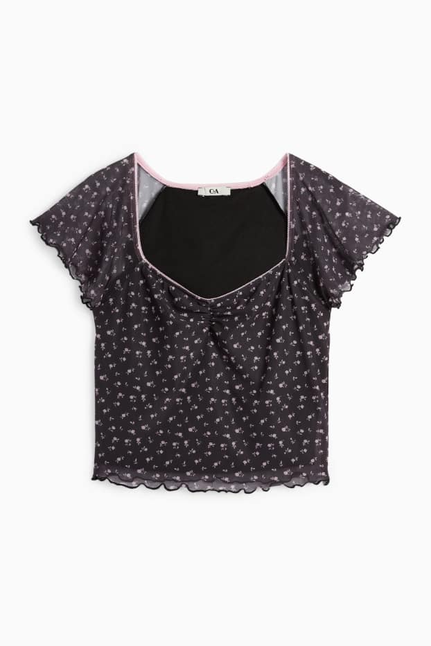 Femei - Tricou crop - cu flori - albastru închis