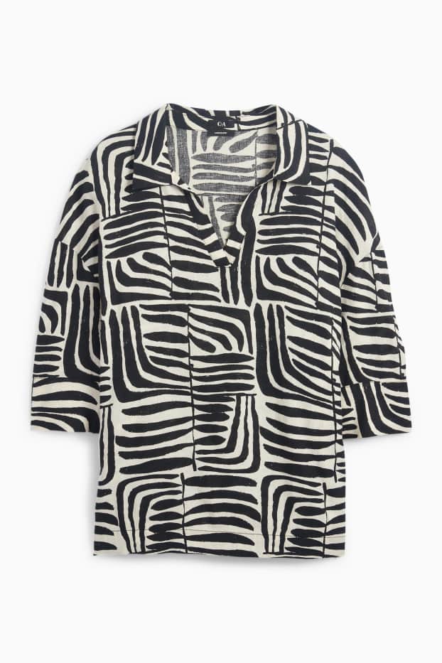Femmes - Chemisier à col en V - lin mélangé - à motif - noir / beige